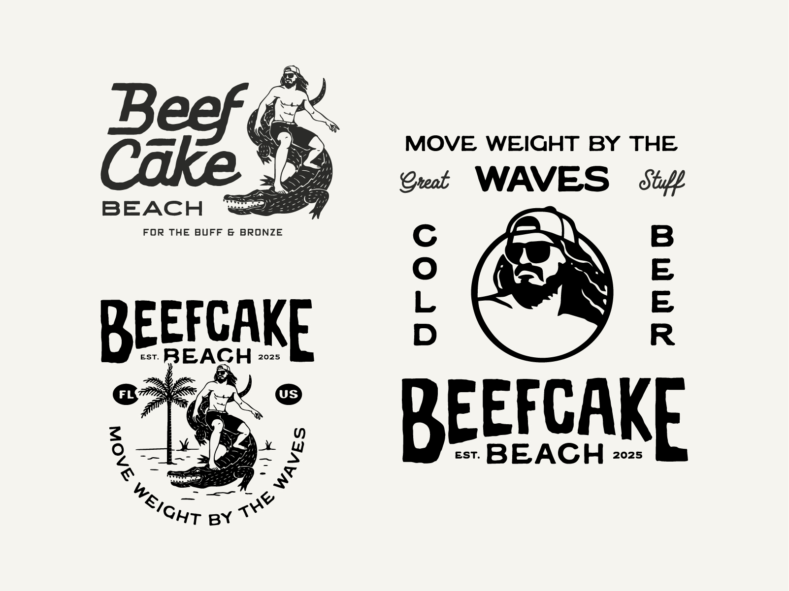 Beefcake Beach: Apparel Illustration Vol.III apparel badge design badge logo beach bodybuilder branding crocodile florida graphic design gym hat logotype merchandise monogram monoline retro retro branding surfing tshirt vintage illustration