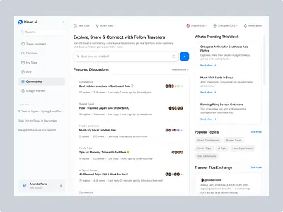 AI Travel Planner Dashboard - Community Page ai ai assistant ai travel clean community community dashboard dashboard destination minimalist modern planner travel travel community travel planner travel social travel tech travelling uidesign uxdesign website