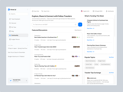 AI Travel Planner Dashboard - Community Page ai ai assistant ai travel clean community community dashboard dashboard destination minimalist modern planner travel travel community travel planner travel social travel tech travelling uidesign uxdesign website
