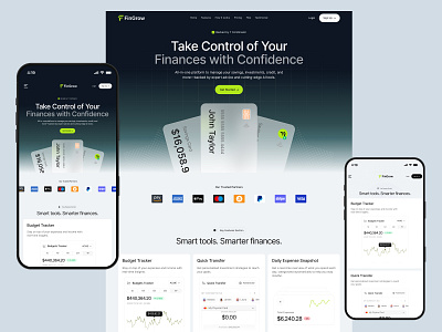 FinGrow - Finance Website Design bank banking app crypto currency finance finance landing page finance landing page design finance website design fintech fintech app landing page saas saas landing page saas website transactions transfer wallet web web design website