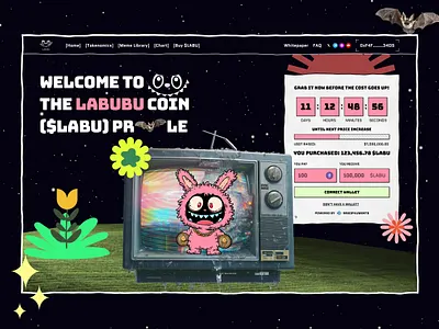 Labubu just got on-chain crypto illustration labubu landing page memes pepe presale tv web design website