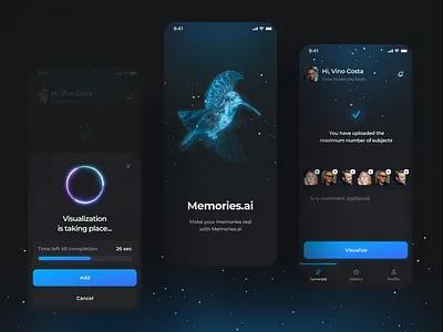 Memories.ai — Futuristic AI Visualization Mobile App UI 3d animation blockchain branding crypto crypto design cryptocurrency dark design illustration interface logo mobile mobileapp scifi ui