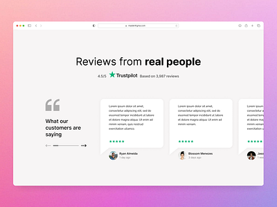 Testimonials and Reviews - Designed with MadeinFigma design design system figma made in figma madeinfigma reviews testimonial section testimonials trustpilot ui ui design ui designer ui kit ux ux design web design website design