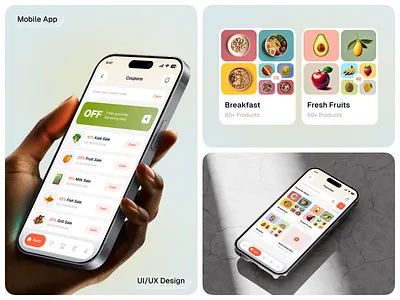 Smart - Grocery Mobile App UI/UX ai app cart ui checkout flow coup favourite page food grocery app minimal design mobile ui modern ui offer banner offer card online shopping product card product details product page retail app search shopping app uiux