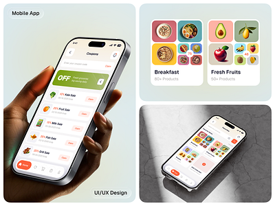 Smart - Grocery Mobile App UI/UX ai app cart ui checkout flow coup favourite page food grocery app minimal design mobile ui modern ui offer banner offer card online shopping product card product details product page retail app search shopping app uiux