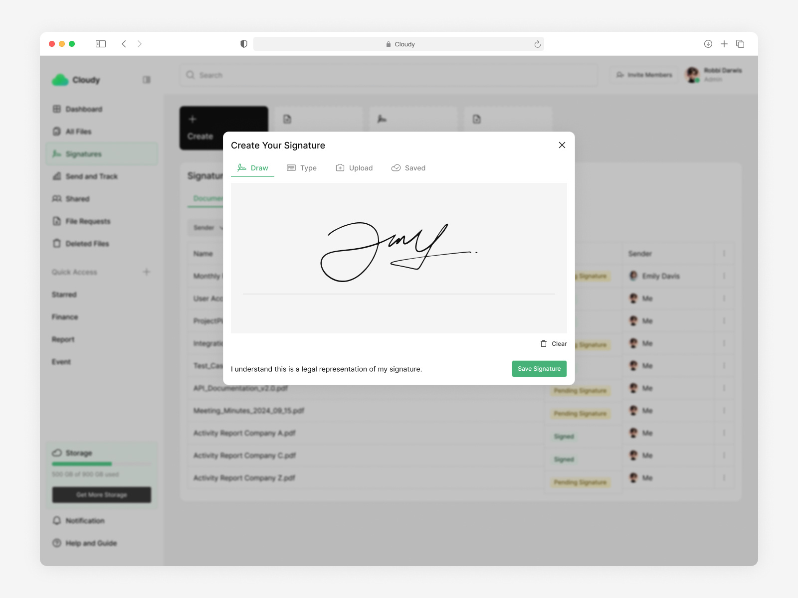 Cloudy - Cloud File Storage Webapp (Signature Flow) cloud dashboard cloud storage dashboard dashboard design document editor file management file manager file preview file storage grid view list view permission setting saas product saas ui sign document signature app storage analytics storage app storage usage ui design