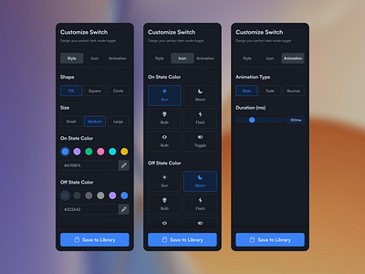 Customization Panel UI customization customization panel dark mode design tool dev tool editing panel figma no code tool ui design ux design web ui