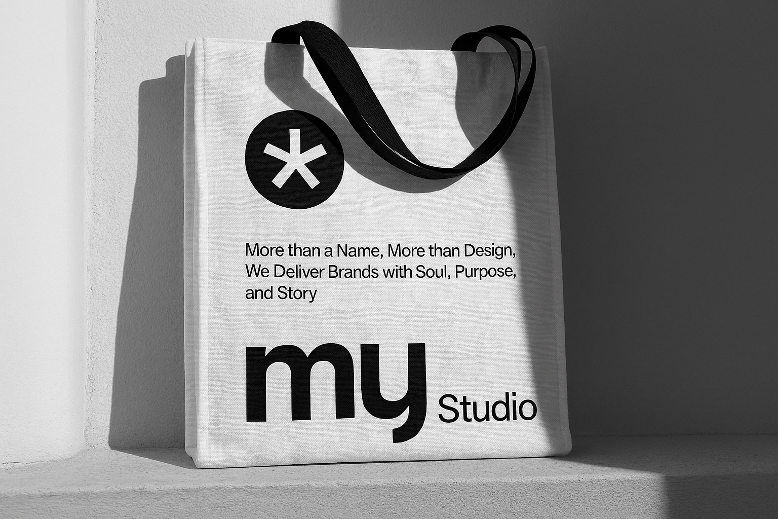 Minimalist Brand Identity Tote Bag Design black and white brand strategy branding creativity design studio graphic design identity design logo design minimalist monochrome totebag typography