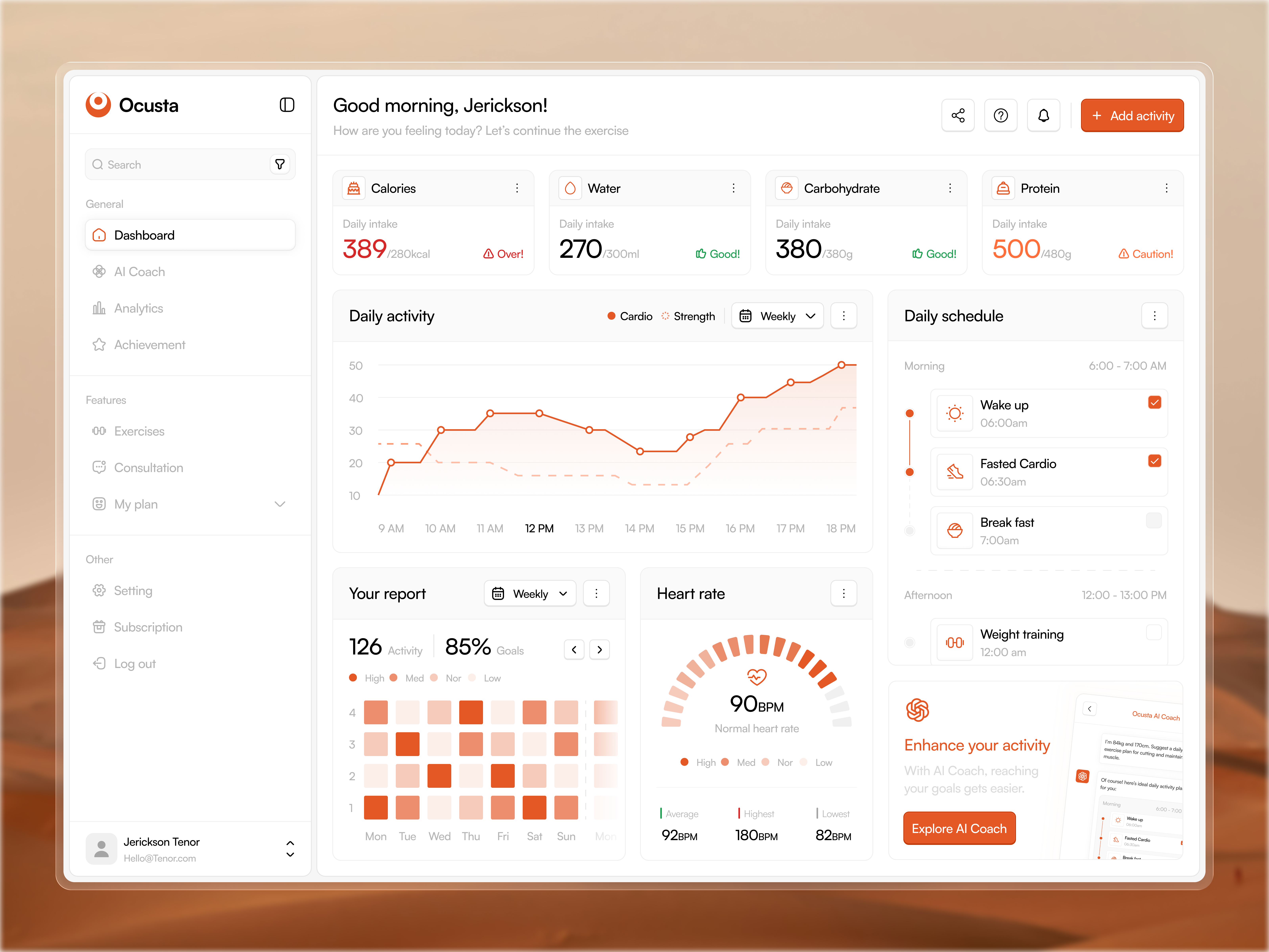 Ocusta - Healthcare Dashboard ai ai assistant ai coach ai powered animation clean dashboard dashboard exercise figma health track healthcare healthy modern dashboard motion graphics personal training potara smart health ui uiux ux