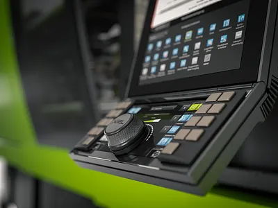 CC300 plus control unit: operator ergonomics & personalisation bedienrad control unit design display engel hmi hmi design industrial industrial design innovation machine control machine operation product design produktdesign screen design swivel touch screen