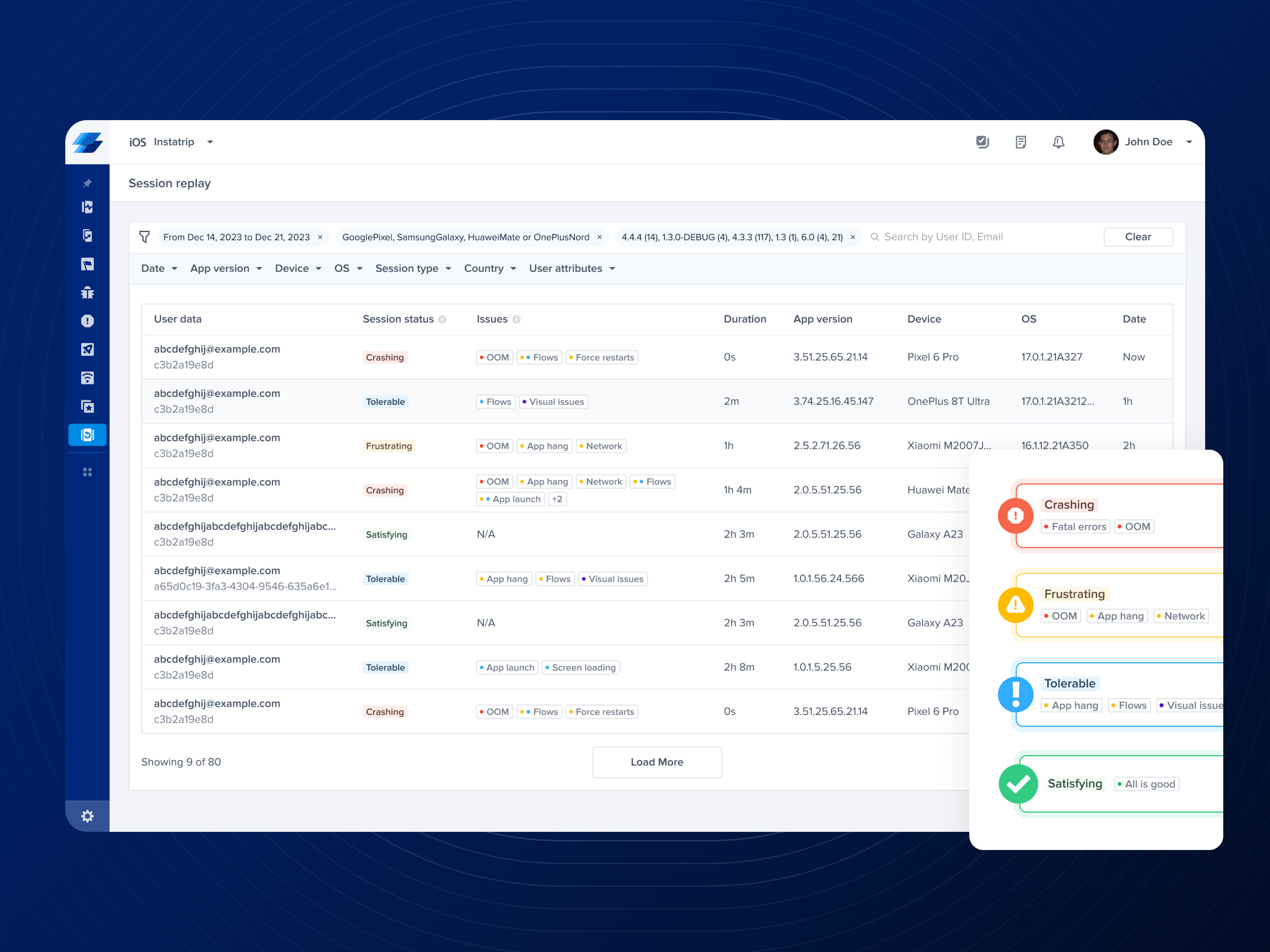 Session Replay 2.0 | Instabug bug tracking crash reporting dashboard data visualization design system developer experience devtools error monitoring instabug interaction design interface design product design saas session replay table ui ui usability user behavior ux design ux improvement