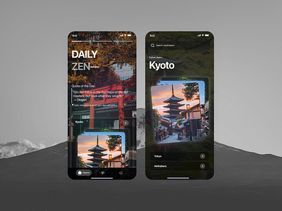 Zen Japan — Mindful Travel App UI Concept clean design dark mode dashboard japan landing page logo mobile design travel app ui inspiration
