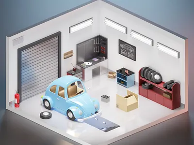 Isometric 3D garage 3d 3d garage beetle blender branding cartoon cute design garage graphic design illustration illustrations isometric kawaii kit repairment resources room stylized volkswagen