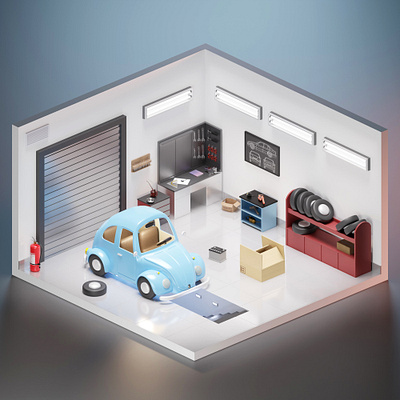 Isometric 3D garage 3d 3d garage beetle blender branding cartoon cute design garage graphic design illustration illustrations isometric kawaii kit repairment resources room stylized volkswagen