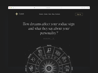 Luun Dreams & Zodiac Hero Section | UI Design astrology challenge dark theme darkstyle design elegantstyle figma herosection illustration interaction mainscreen ui uichallenge uimainscreen unique ux uxui webdesign website zodiac