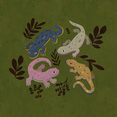 Salamander Reunion 🌱 animal illustration botanical illustration colorful cute flat flowers graphic design green illustration kids illustration leaves mascot poster salamander texture