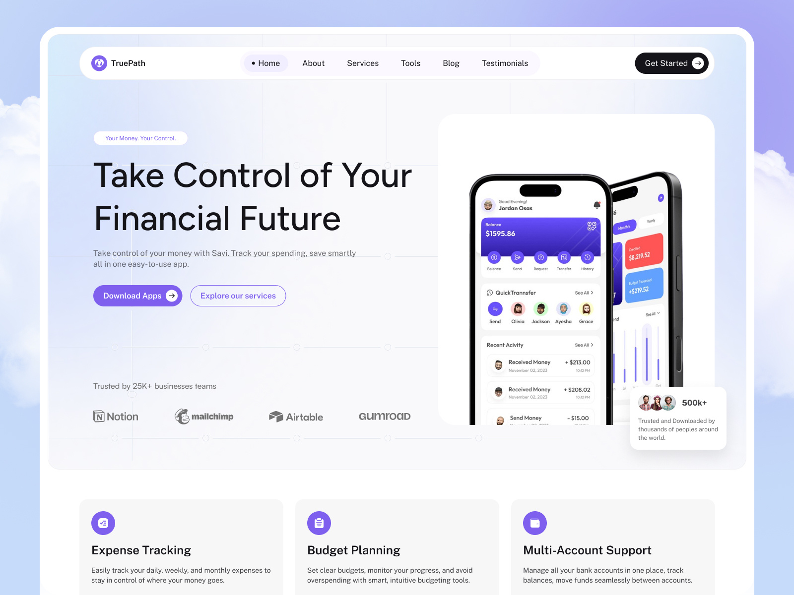 TruePath• Finance App UI • Budget Tracker Website • Fintech Web app landing page budget tracking clean fintech design expense tracker ui finance app ui finance platform finance track tool financial dashboard financial planning fintech landing page jabel landing page for app mobile banking app money management money tracker personal finance app saas saas for finance saas website uiux for fintech