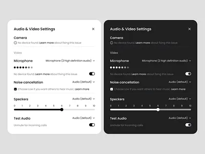 Audio & Video Settings - Light & Dark Mode Exploration audio settings card dark dark mode dashboard design figma landing page mobile app section settings settings page ui ui design uiux ux design web design webapp website