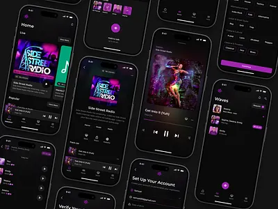 EchoFM – Dark-Themed Radio App UI app concept audio player clean ui dark mode figma design interface design minimal design mobile app mobile ui music app radio app radio ui station selector streaming ui ui design ux design