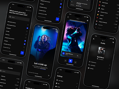 Link Up – Where Beats Meet Bars audio interface clean clean design collaboration app concept app creative platform dark ui design figma hip hop mobile app mobile design mobile ui music app producer app rapper app swipe app ui uiux
