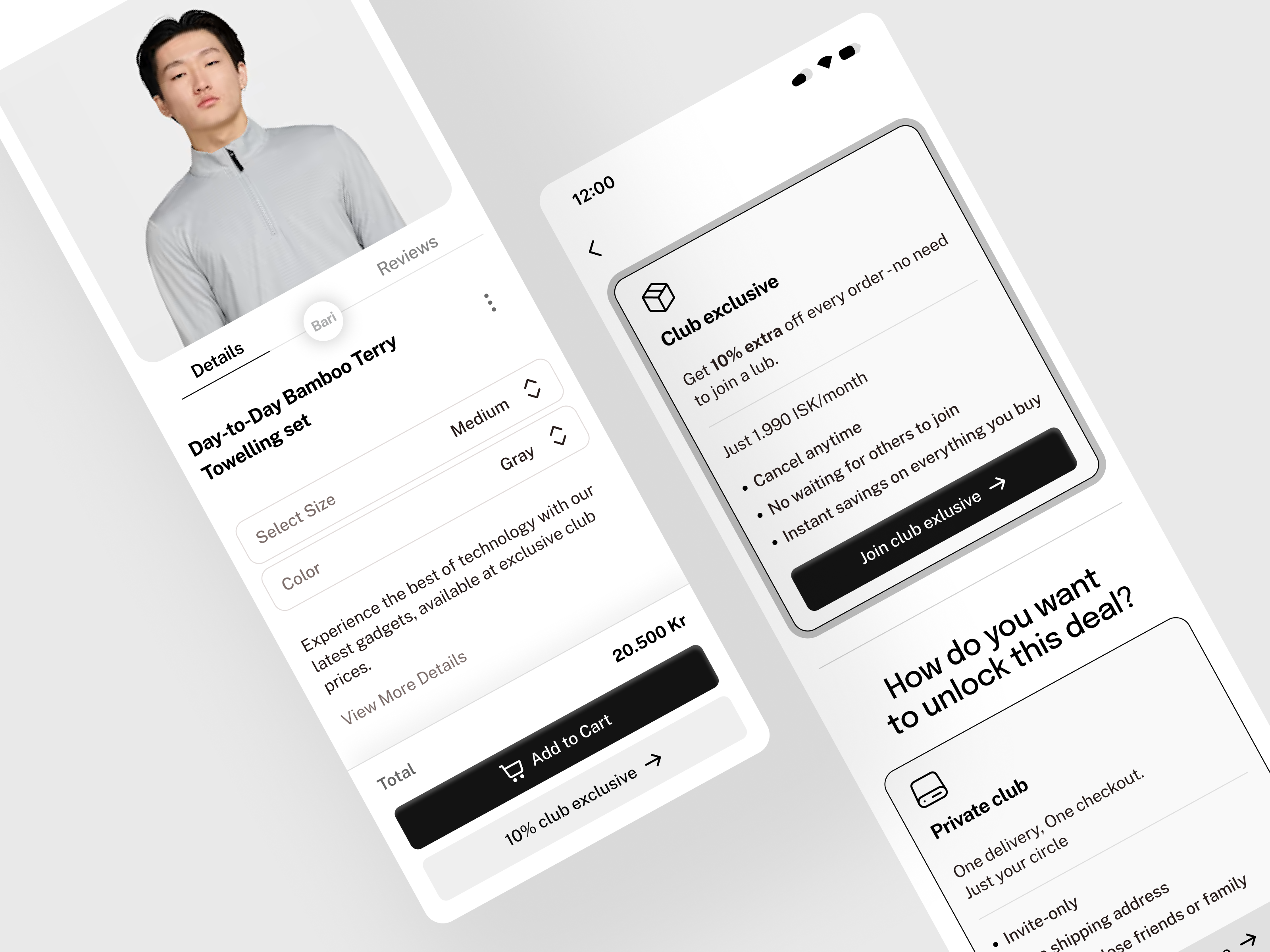 Minimalist E-Commerce App UI — Club Exclusive Shopping Experienc app concept club exclusive e commerce app kazi mahbub membership ui minimal minimalist design mobile mobile app mobile app design product details product page product selection sadax studio shopping app shopping experience