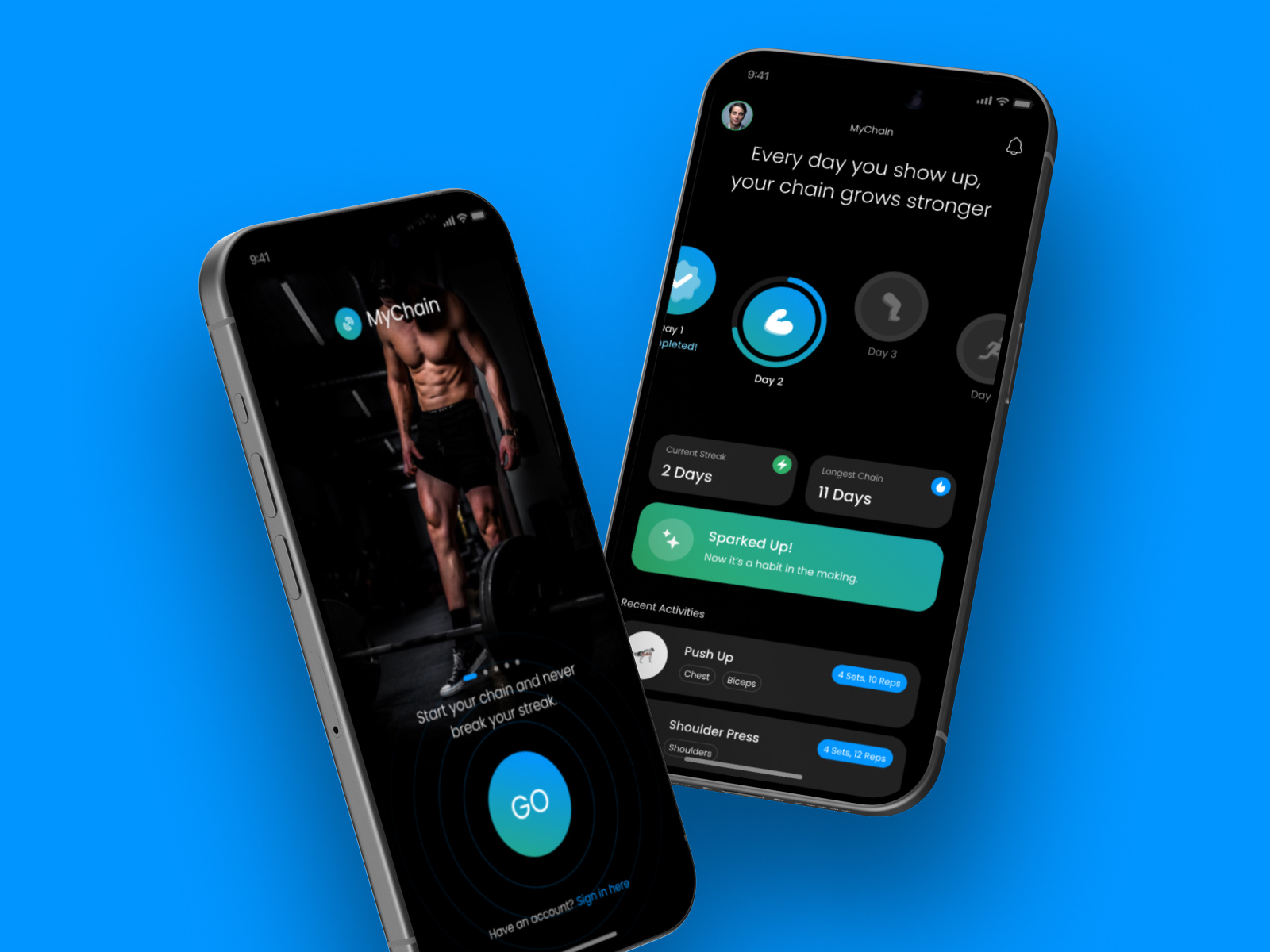 MyChain Fitness – Gamified Workout Tracker UI gym log app ui