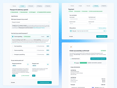 📄 HelloGov – Checkout Flow (Steps 2–5 + Confirmation) add on checkout checkout flow confirmation screen crm document application ecommerce government government services hellogov mobile checkout order complete order progress order tracking passport application payment form social proof step by step checkout travel documents verification