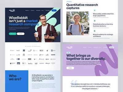 Website Design for WiseRabbit animation boldimages branding emotions graphic design green lines market marketresearch navyblue purple solidcolors ui websitedesign