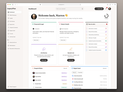 Legacy Planning Dashboard activity ai advisor ai assistant b2c dashboard bucket list dashboard documents fintech legacy legacy plan legal personal finances saas app saas dashboard tasks to do list todo vault will will plan
