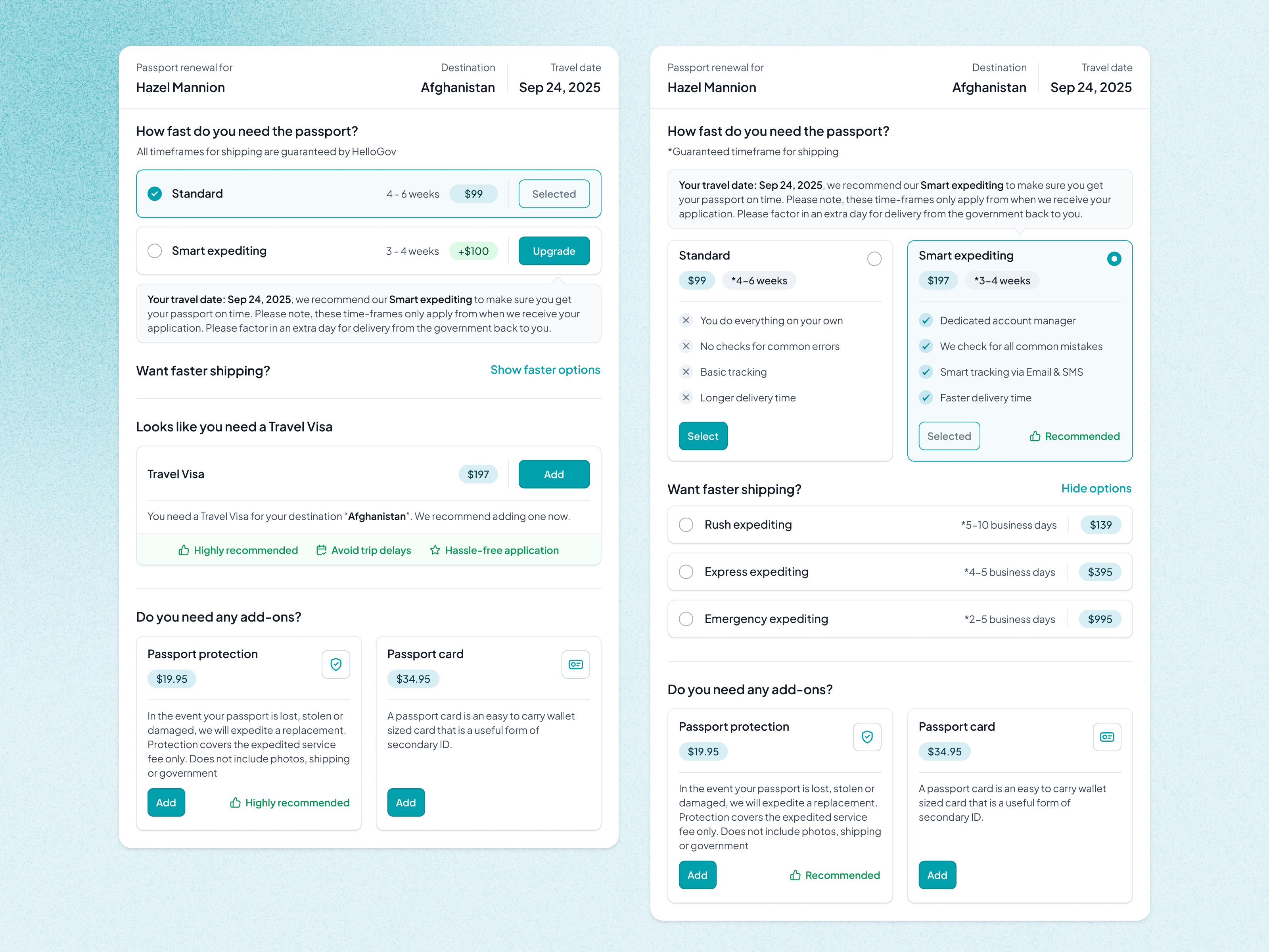 ✍️ HelloGov – Service Display & Upsell Variations (Exploration) addon checkout crm ecommerce form government mobile checkout pricing pricing package pricing upgrade radio selection service social proof tier pricing travel visa upgrade upsell