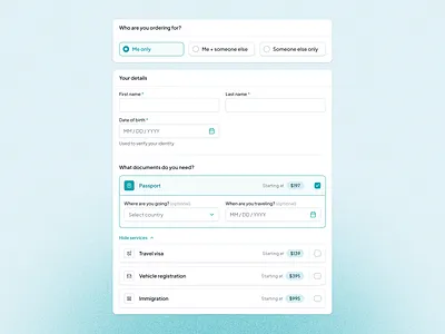🔄 HelloGov – Document Selection UI (Iteration 4 vs. Iteration 5 addon service checkout comparison crm digital government digital service dmv ecommerce egov form government government application mobile checkout passport application pricing selection product selection service selection visa