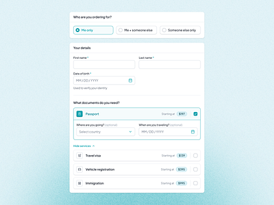 🔄 HelloGov – Document Selection UI (Iteration 4 vs. Iteration 5 addon service checkout comparison crm digital government digital service dmv ecommerce egov form government government application mobile checkout passport application pricing selection product selection service selection visa