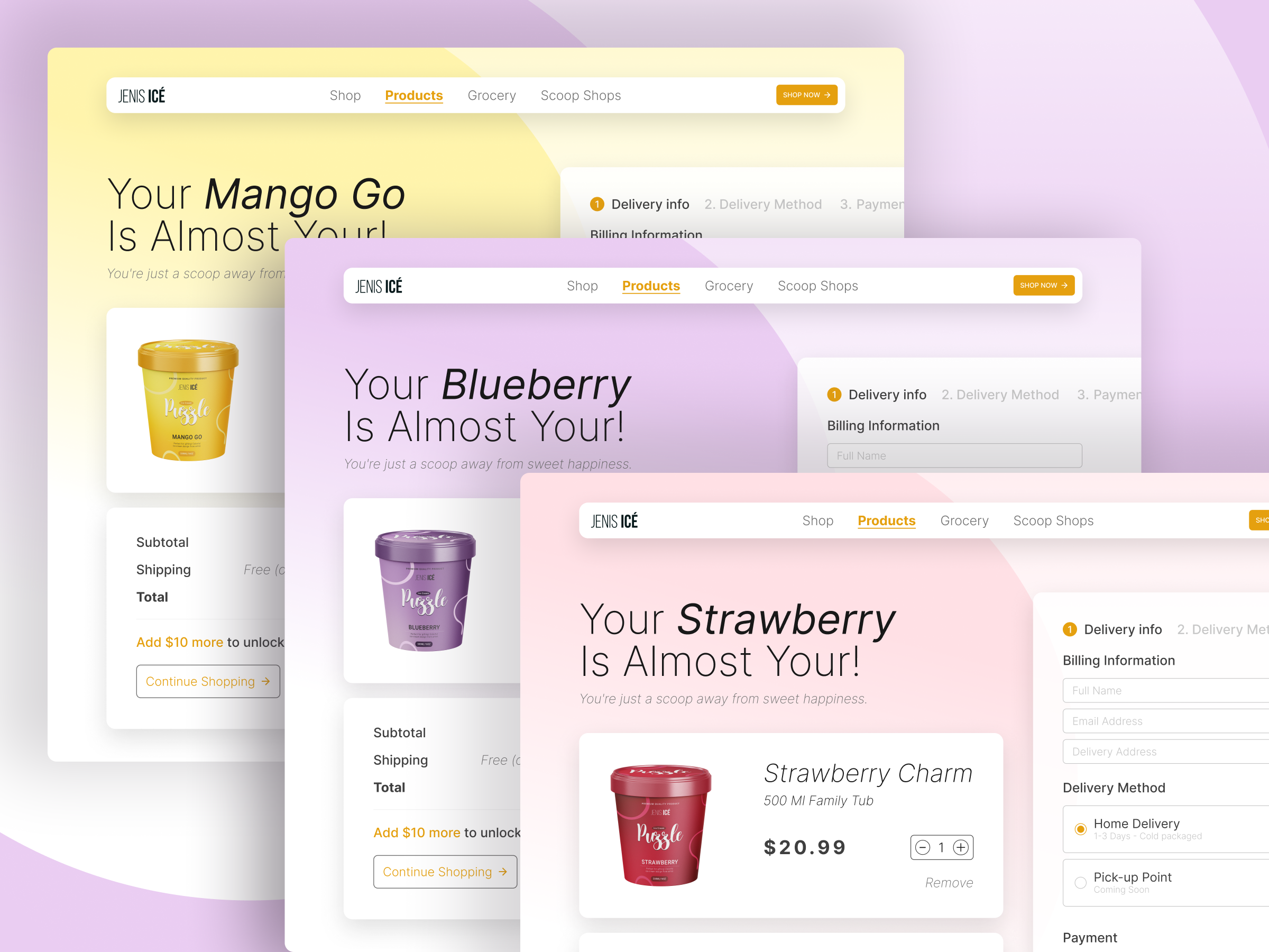 Cart & Checkout page design for Jenis Ice branding cart design checkout page design ecommerce figma design figma template graphic design ice cream ice cream brand ice cream website landing page logo modern web shipping ui ui component uiux design web ui website design