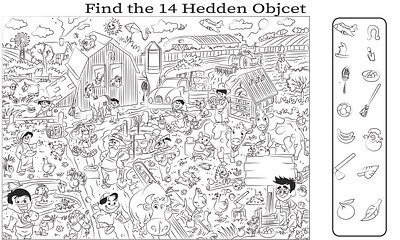 Hidden Object Illustration for Children’s Activity Book activity book black and white childrensbookillustration gems hiddenobject kdp line art puzzleart spot the difference