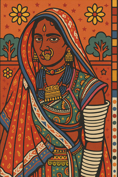 Kutch Icons: Stylized Tribes in Modern Folk Aesthetics bold color art bold indian portraiture contemporary indigenous art cultural art folk art of kutch folk art series graphic folk art graphic indian identity indian identity indian silkscreen illustration kutch portraits kutch tribal portraits modern folk art india printmaking silkscreen inspired artwork silkscreen style stylized kutch figures stylized portraits tribal costume art tribal india