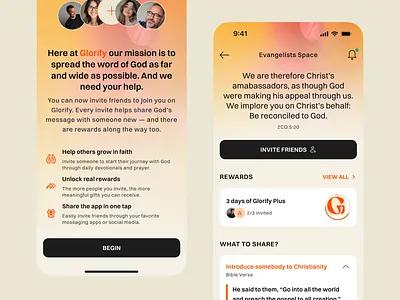 Glorify – Invites with Purpose community engagement gamification habit design invite system mobile ui product design rewards ux design