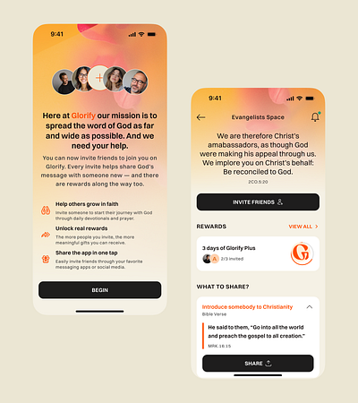 Glorify – Invites with Purpose community engagement gamification habit design invite system mobile ui product design rewards ux design