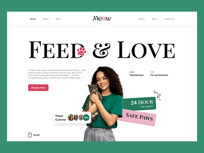Meow – Complete Care & Wellness Hub care cat lover design graphic design hero hero section home page landing page pet pet adoption pet app pet care pet wellness ui ui ux ux web design website design