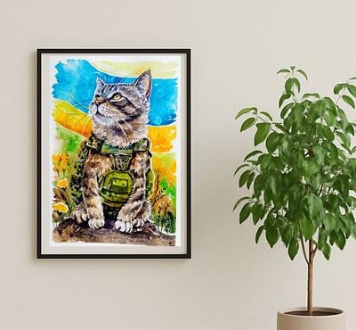 Ukrainian War Cat – Original Painting from photo, Ukraine art army art cat hand painted handmade illustration paint painting pet ukraine war watercolor