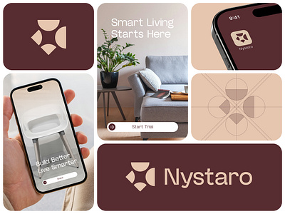 Nystaro Logo and Branding Design abstract logo app icon brand identity branding corporate branding geometric logo home decor home logo intelligence interior design logo logo design modern logo real estate smart living visual identity