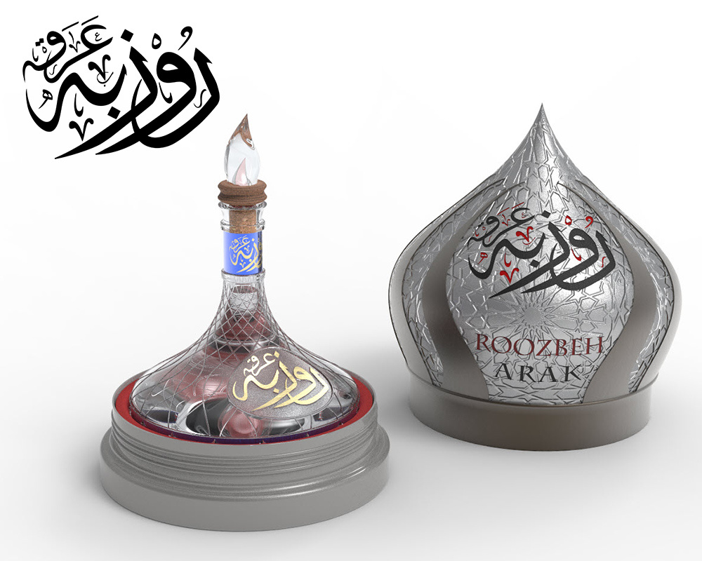 Arak Roozbeh - عرق رُوْزْبِه alcohol arabic calligraphy arak bottle design brand identity branding calligraphy commercial design consumer goods glass design graphic design label design labeling lebanon liquor package design packaging product design
