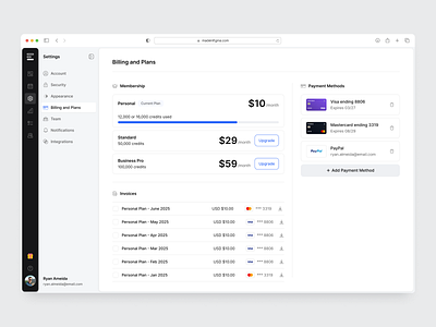Billing and Plans Settings - Designed with MadeinFigma billing billing settings design design system figma made in figma madeinfigma membership settings payment methods plans pricing settings ui ui design ui designer ui kit ux ux design web design website design