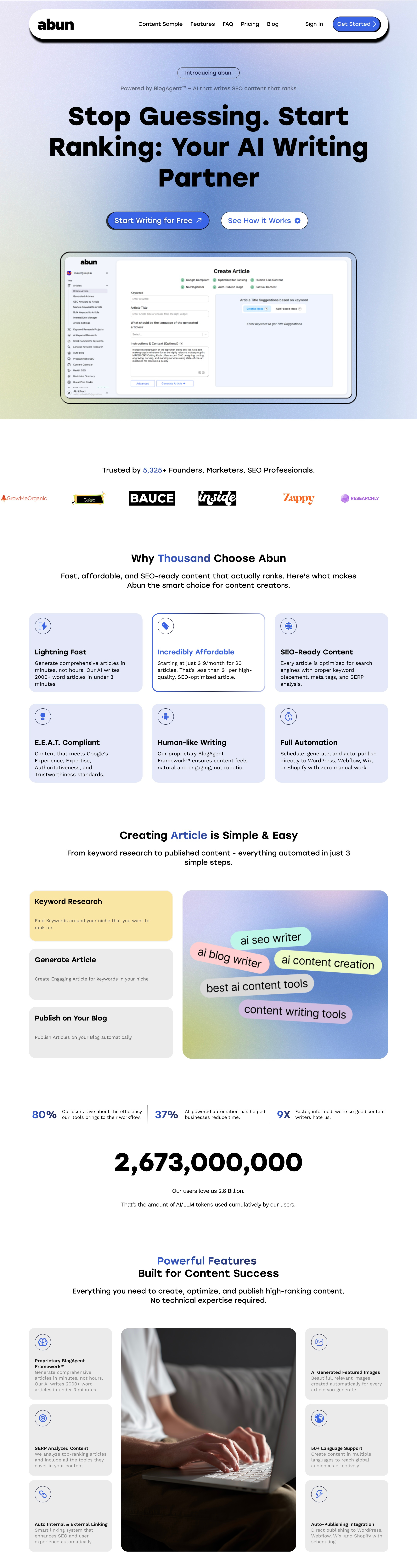 Abun – AI Content Writing Platform (Landing Page) ai web design ai writer landing page uiux ux web design website
