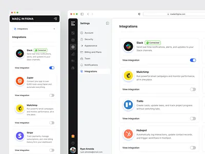 Integration Settings - Designed with MadeinFigma admin panel apps connect connect apps design design system figma integration settings integrations made in figma madeinfigma settings ui ui design ui designer ui kit ux ux design web design website design