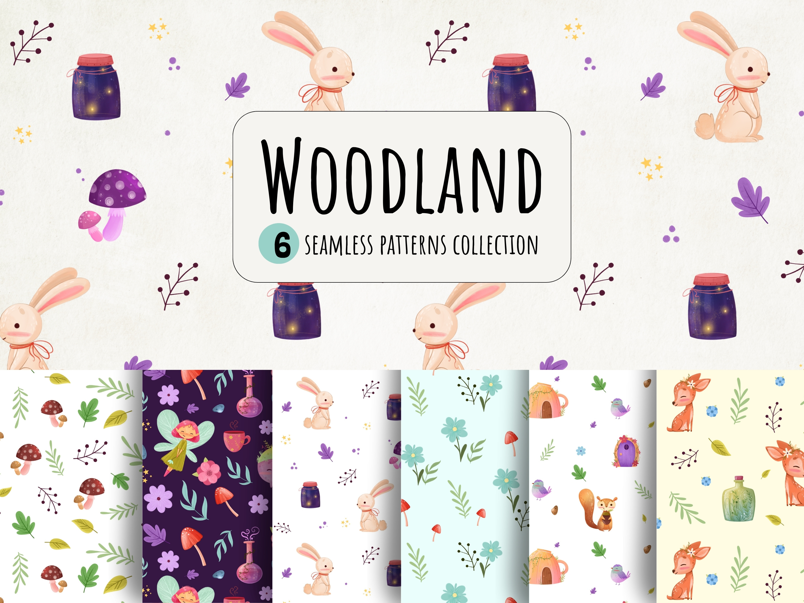Woodland Seamless Patterns – 6 Whimsical Designs for Fabric cute illustration design assets