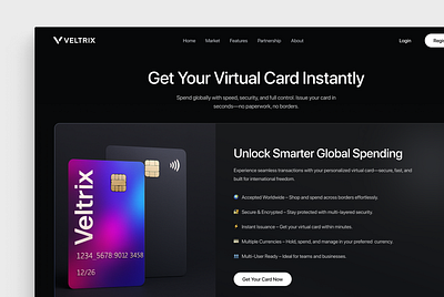VELTRIX (fintech) - Get Your Virtual Card Web banking design digital banking finance fintech fintech design interface mobile money management product design ui uiux ux virtual card web design website