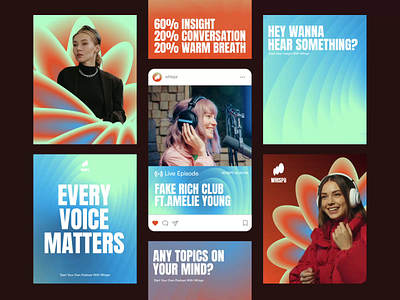 Whispr : Podcast Platform - Social Media animation audio brand identity branding clean content creator feed design identity design layout design marketing mesh gradient motion graphics pattern podcast post design social media social media animation visual branding visual identity