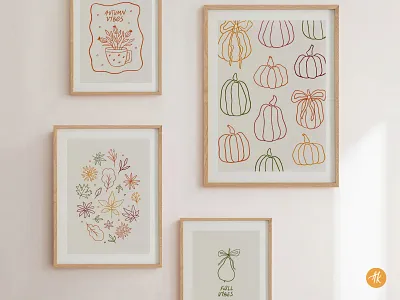 Hand Drawn Autumn Posters autumn vibes botanical fall fall leaves hand drawn harvest illustration leaves line art pear pumpkin season thanksgiving vector whimsical