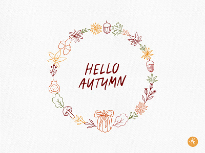 Hand Drawn Autumn Wreath acorn autumn doodle fall floral flower hand drawn harvest harvesting illustration line art maple leaf mushroom pumpkin thanksgiving vector wreath