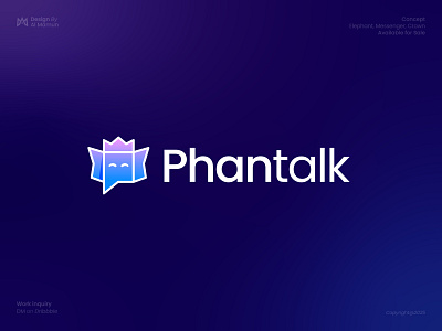Phantalk- Elephant, Crown, Messenger, Chatting Logo animal logo app logo branding chat logo crown logo dating logo elephant logo logo logo design logo designer logo icon messenger logo modern logo talk logo wild logo